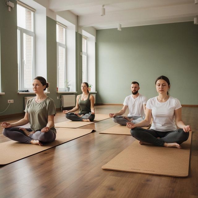 Beginners seated on mats during the opening breathing minutes of a Kyiv studio class