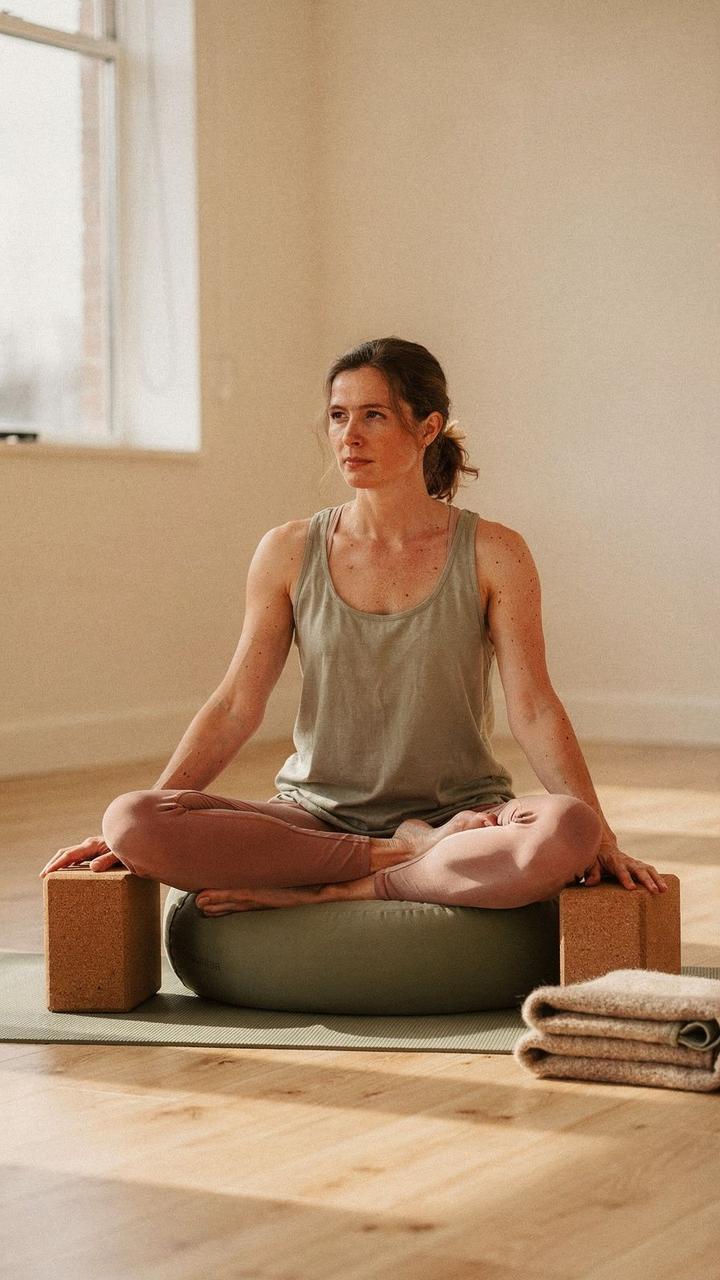 Beginner student resting on a bolster with cork blocks under the hands during a class in Kyiv
